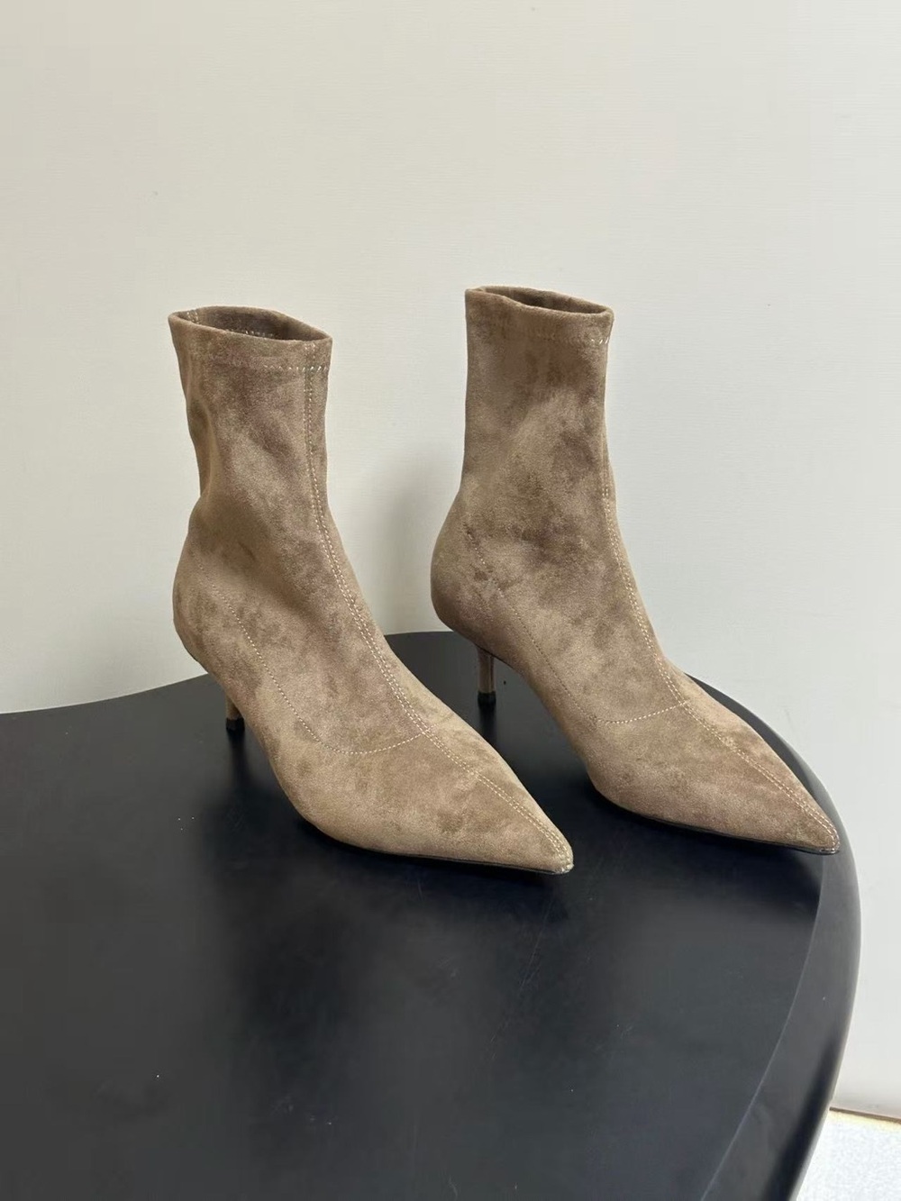 Women's Taupe Suede Pointed Toe Sock Boots